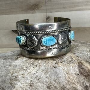Vintage Egyptian Revival Scarab Cuff Bracelet Silver Tone w/ Turquoise Stones